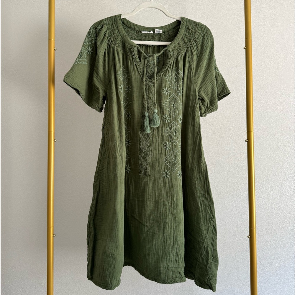 Lucky Brand Moss Green Embroidered Dress Sz S Goblincore Fairy Textured Guaze